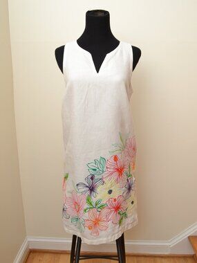 Tommy Bahama Linen Dress Lined Women's Small White w/Floral Border Sleeveless